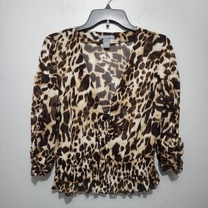 Isabella Rodriguez Animal Print V-Neck Sheer Blouse Size L Y2K 90s